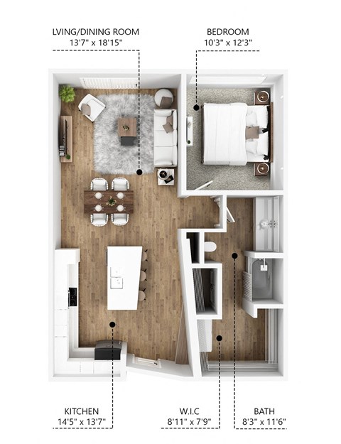 Floor plan for 1 bed, 1 bath, 785 sqft